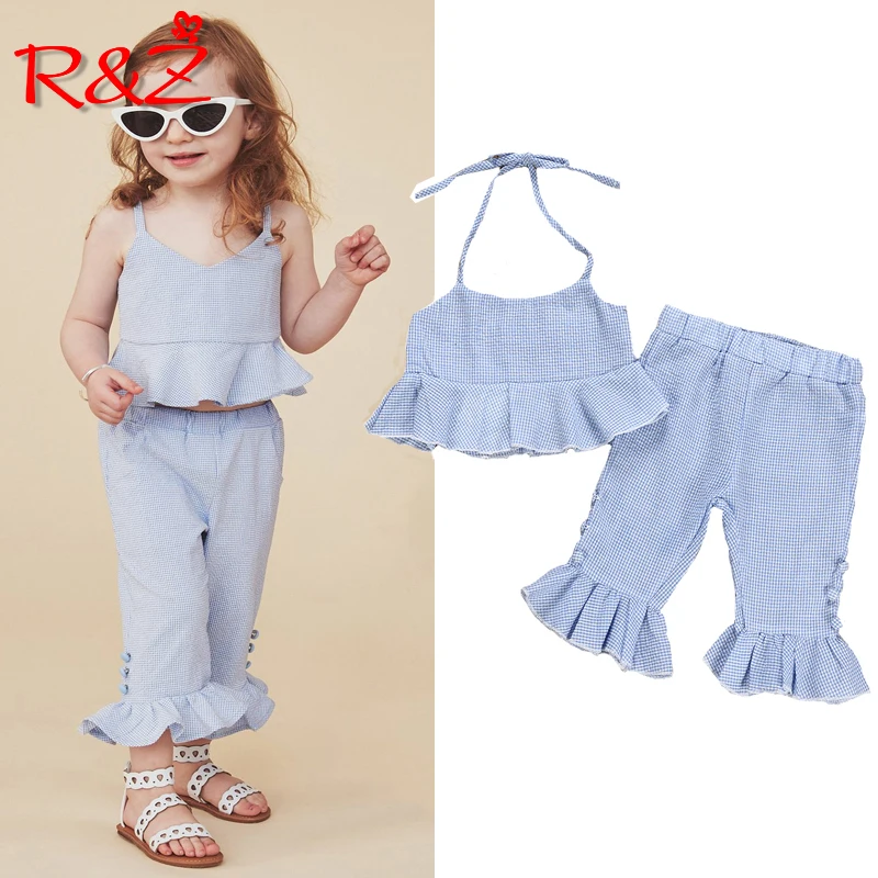 

R&Z Children's Set 2019 Summer New Girls Plaid Fashion Set Cotton Camisole Tops Flare Pants Two-piece Set