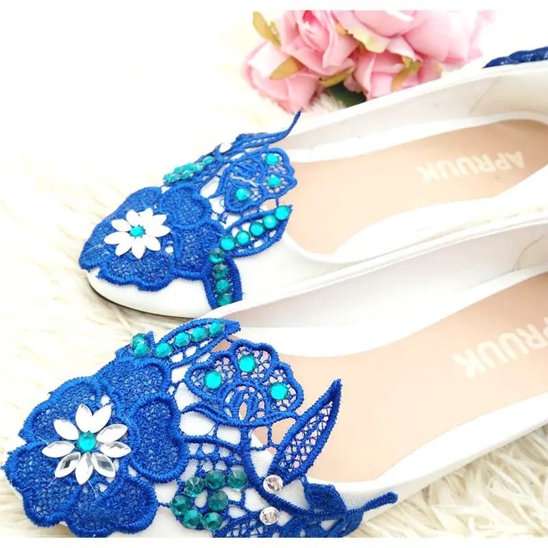 Женские свадебные туфли на плоской подошве с синим кружевом|Обувь без каблука| |