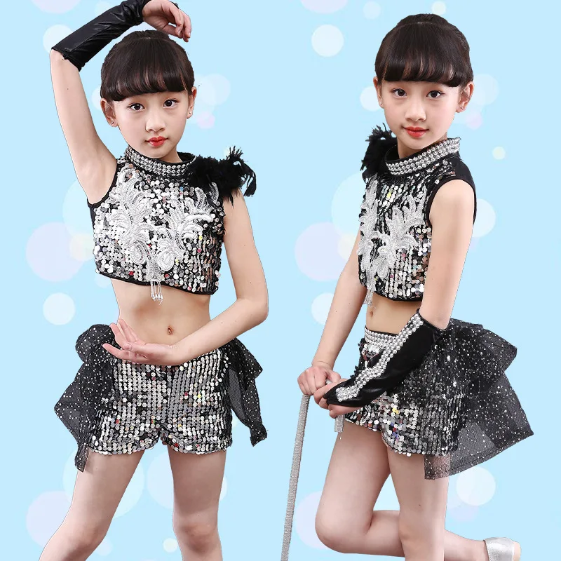 Новинка 2019 Детские джазовые танцевальные костюмы детские с блестками для