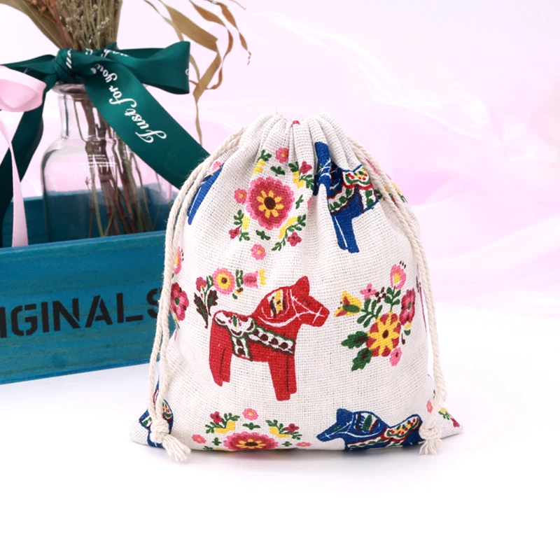 

Wholesale 5pcs/lot 14x16cm Drawstring Packaging Pouches Horse Flower Printed Cotton Bags Jewelry Candy Beads Gifts Storage Bags