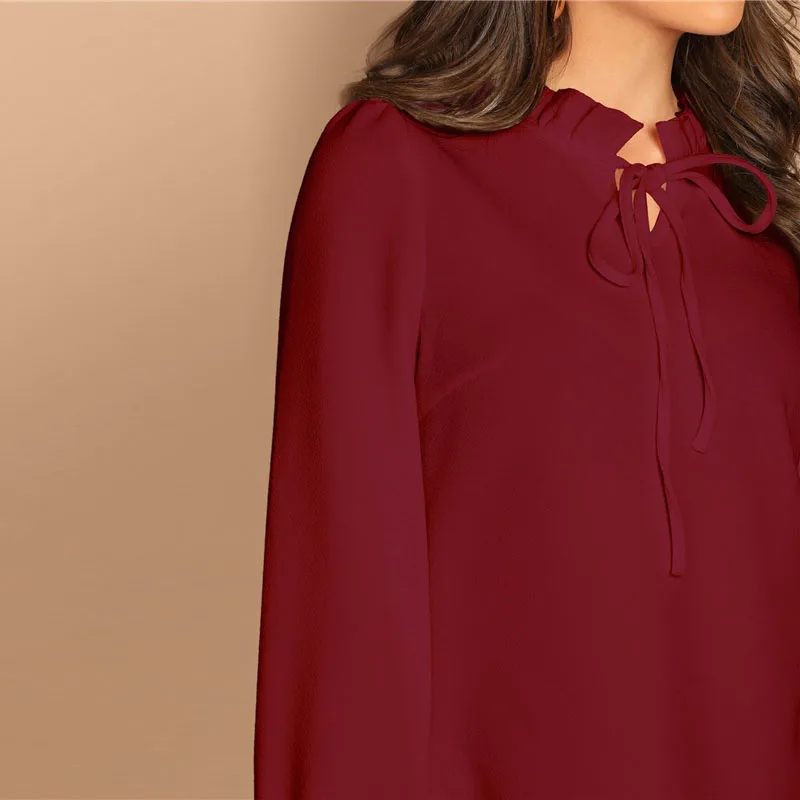 SHEIN Однотонный Топ C Оригинальным Воротником Женская Классическая Блузка С Длинным Рукавом И Стоячим Воротником
