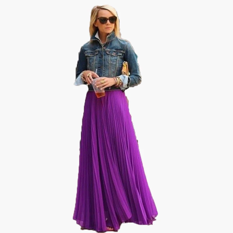 Женская шифоновая плиссированная юбка Повседневная фиолетовая макси на молнии с