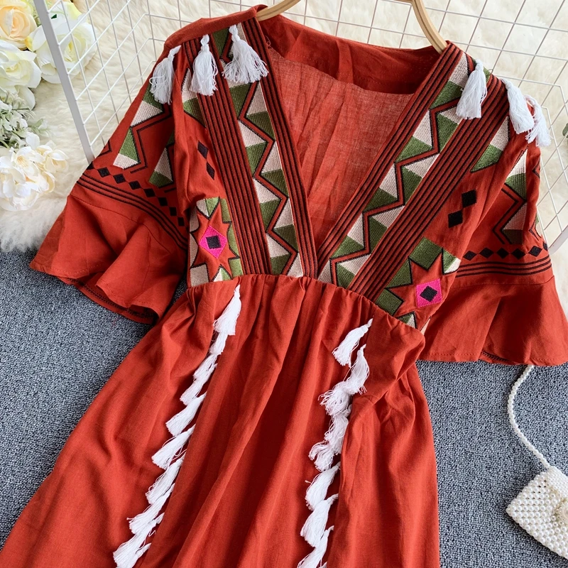 Платье женское с треугольным вырезом и кисточками геометрическим узором|Женские
