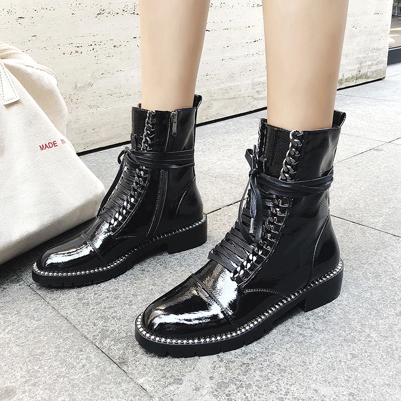 

WETKISS Patent Leather Women Ankle Boots Round Toe Rivet Footwear Low Heels Motorcycle Boots Platform Shoes Woman 2018 Winter