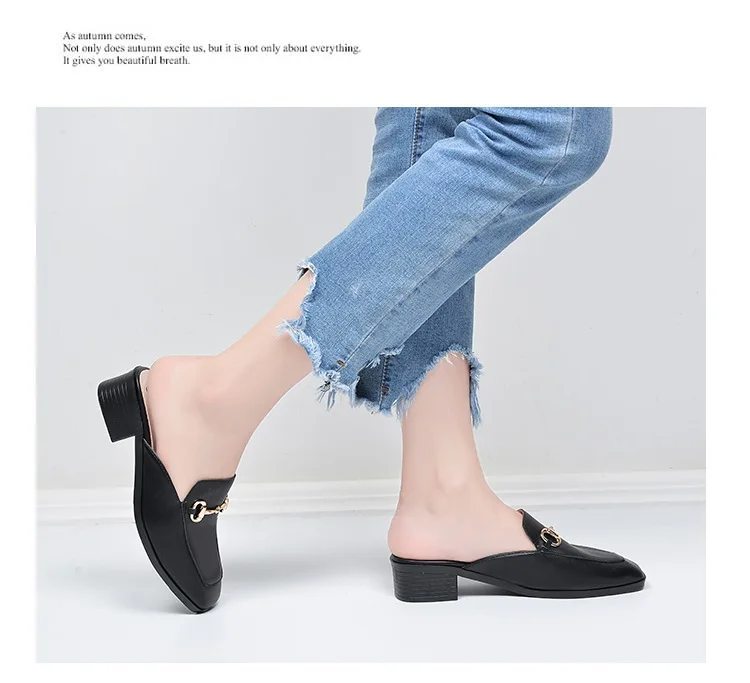 Summer Fashion Genuine Leather Mules Block Heels Shoes Woman Slipper Modis Black Casual Shoes Women Ladies Sliders Female