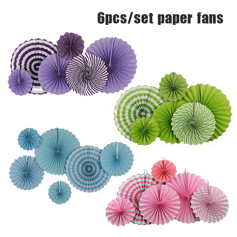 

Hot Sale 6pcs/Set 8" 12" 16" Mixed Size Purple/Green/Light Blue/Pink Set Hanging Paper Fan For Birthday Wedding Party Decoration