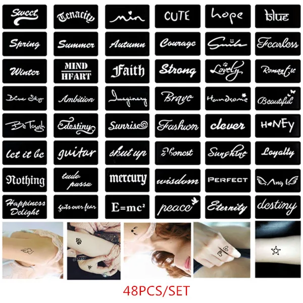

48/Lot Glitter Tattoo Stencil Fashion Drawing Templates for Men Women Letter Design Airbrush Stencil Henna Tattoo Stencils