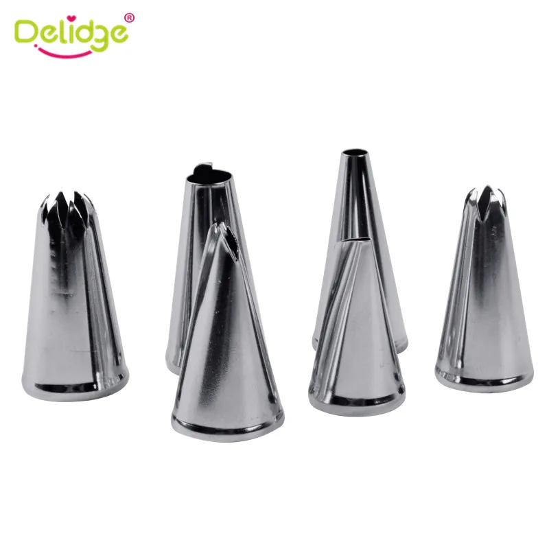 Delidge 6PCS Stainless Steel Cream Nozzle Mouth Jam Tip Set Cake Decorating Pastry Piping Flower Baking Tool | Дом и сад