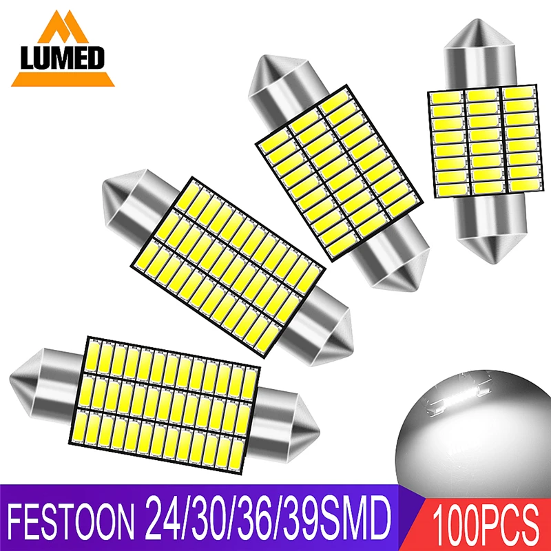 

100x Festoon C5W Автомобильный светодиодный свет 31 мм 36 мм 39 мм 41 мм 24 30 36 39 LED 4014 SMD авто источник для внутреннего чтения купольные светильники DC 12V