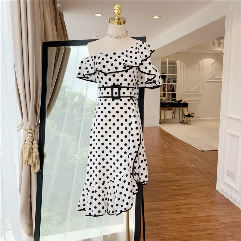 Высокое качество новинка 2019 дизайнерское платье женское в горошек с оборками