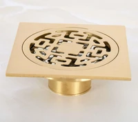 gold color brass carved flower pattern bathroom shower drain 4 square floor drain waste grates bathroom accessory mhr050