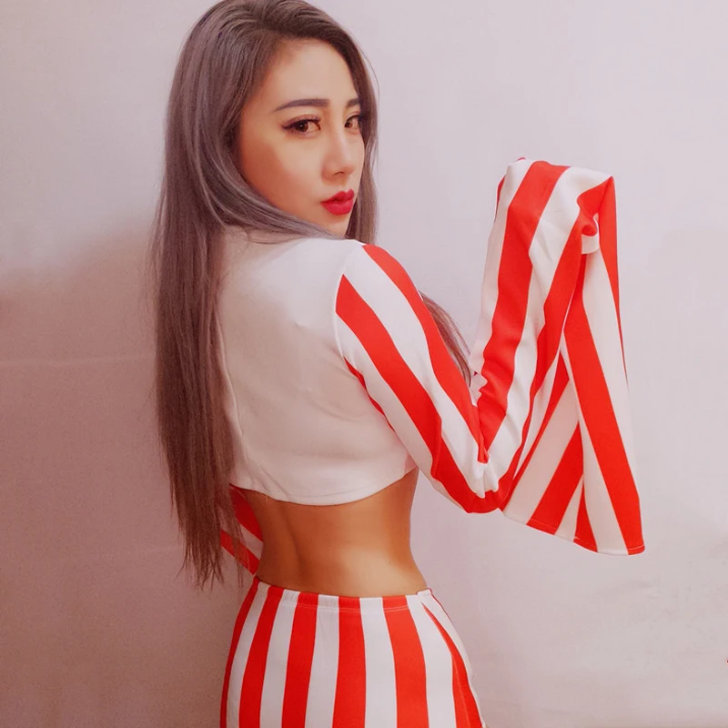 

Jazz Dance Costume Nightclub Female Singer Red And White Striped Long Sleeve Performance Costume Hip Hop Dance Outfit DQL1378