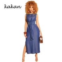 kakan new womens dress sleeveless high slit denim dress dark blue light blue black dress