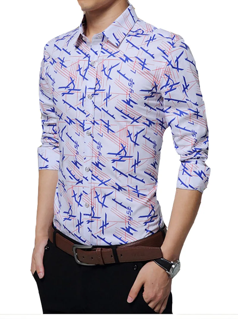 Мужская хлопковая рубашка с длинным рукавом принтом|men long sleeve shirt|shirt casualf shirts |