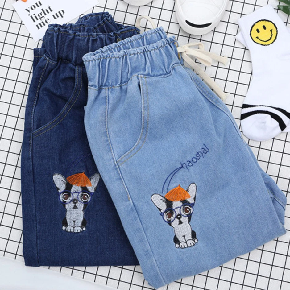 

Sweet Cute Cat Puppy Embroidery Girl's Denim Jeans Elastic Waist Tie Student Denim Jean Pants Cotton Women Denim Trousers