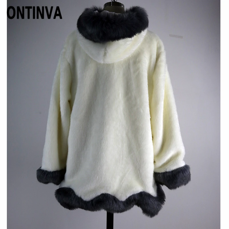 Faux Fur Coats Women Fluffy Artificial Fox Fur Overcoat with Belt Winter Warm Jackets Long Sleeve Hooded Plus Size 6XL Outerwear