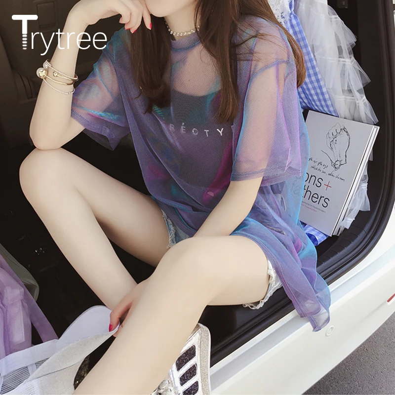 Trytree Женская Сексуальная футболка дышащая сетчатая Прозрачная Футболка с