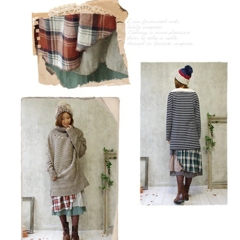 Японское женское милое лоскутное винтажное платье в клетку свободное базовое