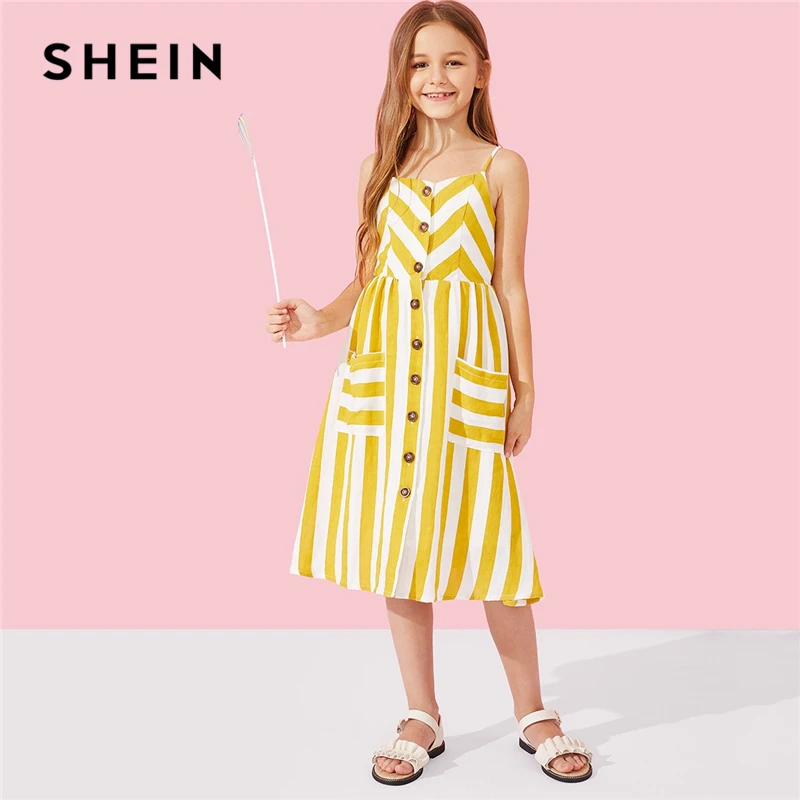 SHEIN/детское желтое Полосатое платье-комбинация на пуговицах для мамы и детей; коллекция года; Летние повседневные платья без рукавов с карманами для мамы и дочки