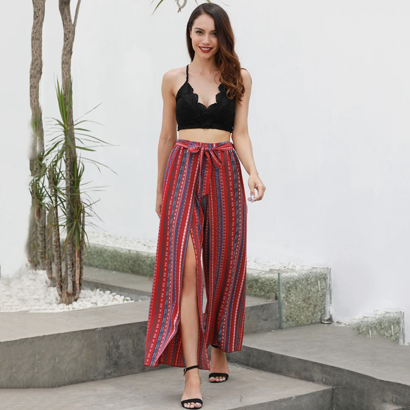 Высокая талия широкие штаны Для женщин 2018 Мода Красный Высокий разрез полосатые