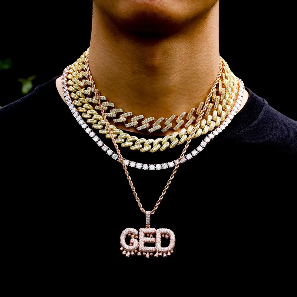 Uwin Custom Words Name Pendants Dripping Bubble Initial Letters With 4mm CZ Tennis Chain Pendant Full Gold Color Iced Jewelry