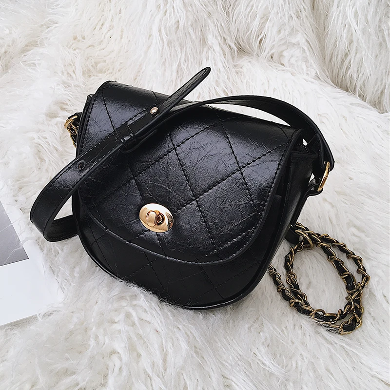 

FuAhaLu Vintage plaid crossbody saddle bag diamond lattice Chain lock mini messenger bags for women Pu shoulder bags