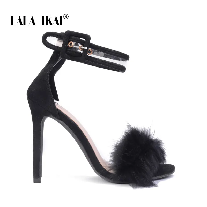 Black LALA IKAI/женские босоножки; прозрачные свадебные туфли-лодочки на высоком каблуке с ремешком на щиколотке и искусственным мехом; модная обувь для вечеринок; sapato feminino; 014C0858-49 - Цвет: Black