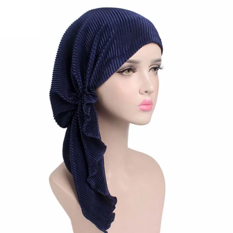 Navy blue Новая мода женщин рябь платок химиотерапия шляпа тюрбан головы шарфы предварительно завязанные Головные Уборы Бандана Tichel для рака тюрбан - Цвет: Navy blue