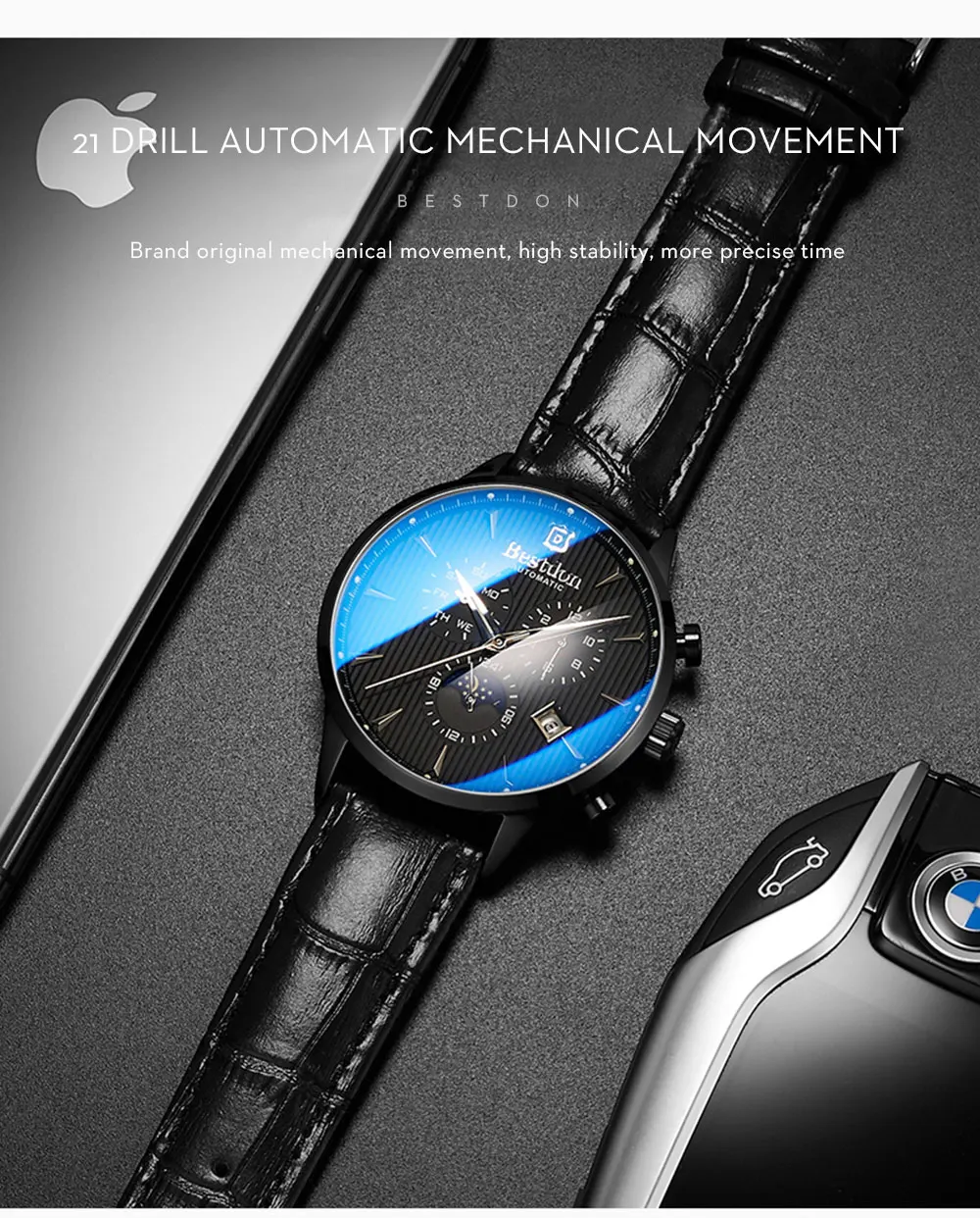 Bestdon Роскошные Брендовые Часы Мужские автоматические механические часы деловые повседневные швейцарские часы Moon Phase Синий кожаный ремешок 7116