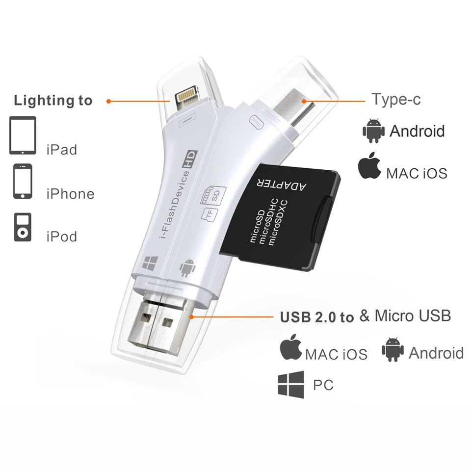 Кард-ридер 4 в 1 i флэш-накопитель USB Micro SD и TF кард-ридер адаптер для iPhone 5 6 7 8 X для iPadMacbook Android камера Tpye C