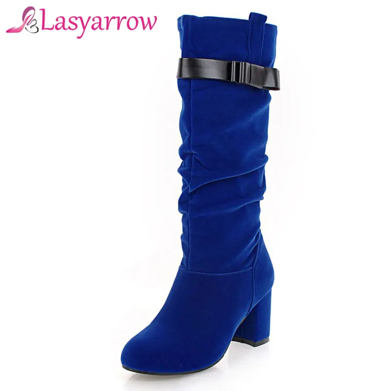 Lasyarrow Mid Calf Boots Ladies Knight Slip On Pleated Butterfly-knot Half Plus Size 31-43 Black Blue Red Shoes F518 | Обувь