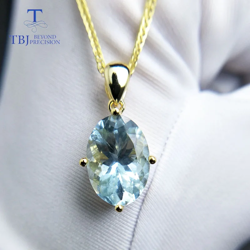 TBJ shape pendant with good color natural brazil aquamarine gemstone in 925 sterling silver yellow jewelry for women | Украшения и