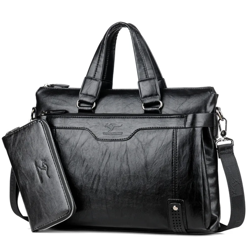 Black with wallet Коровья кожа, мужской кожаный портфель для ноутбука для мужчин, мужская сумка-мессенджер, мужские сумки через плечо, портфель s для документов, мужская сумка ts - Цвет: Black with wallet