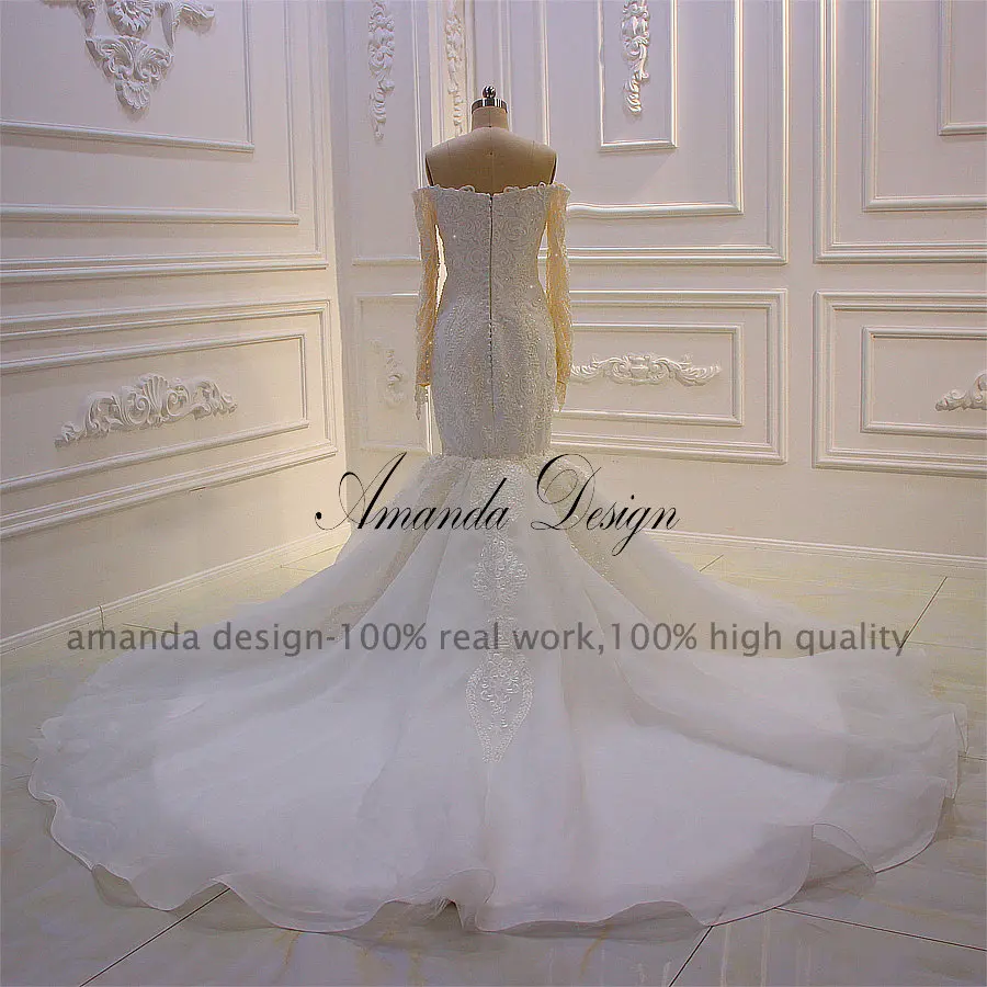 Аманда дизайн Vestido De Novias с открытыми плечами длинным рукавом Кружева аппликации Русалка свадебное платье