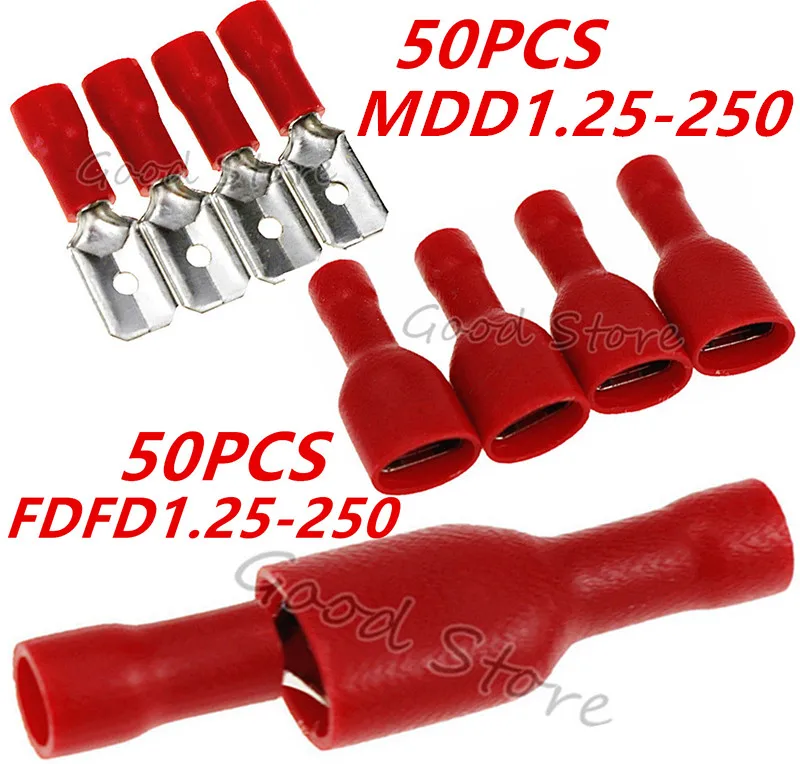 

100PCS(50SET) Red Spade Crimp Terminals Fully Insulated Electrical Connectors Audio Wiring Promotion! FDFD 1.25-250 MDD 1.25-250