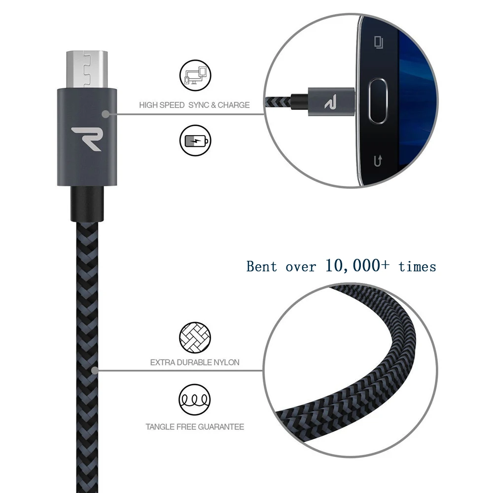 RAMPOW 5 V/2.4A Micro USB кабель для samsung S7/S6 QC3.0 быстрой зарядки Xiaomi Redmi Плетеный usb-кабель Honor