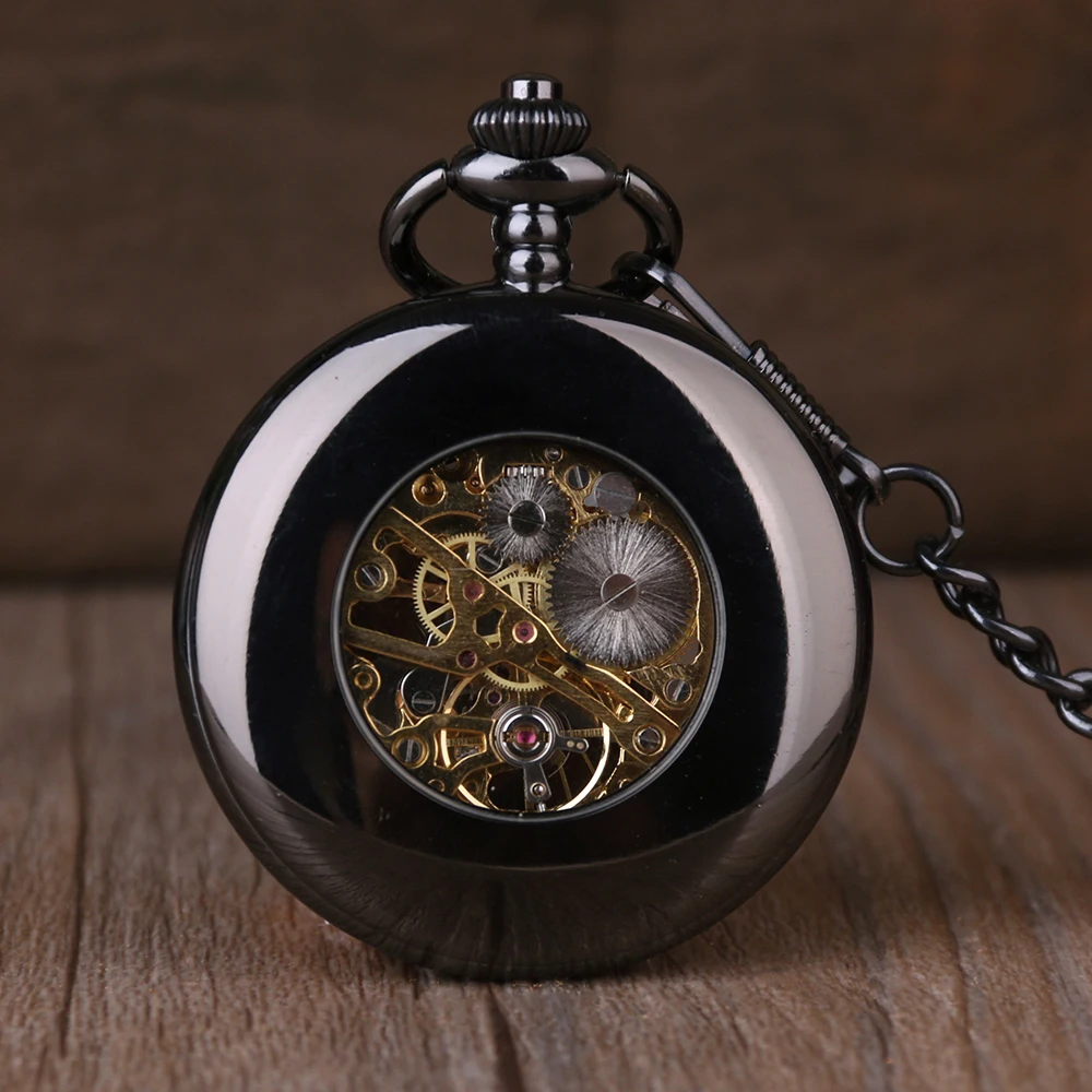 Black Smooth Texture Hollow Manual Mechanical Pocket Watch Retro Steampunk Gentleman Pendant Accessories Men's Clock