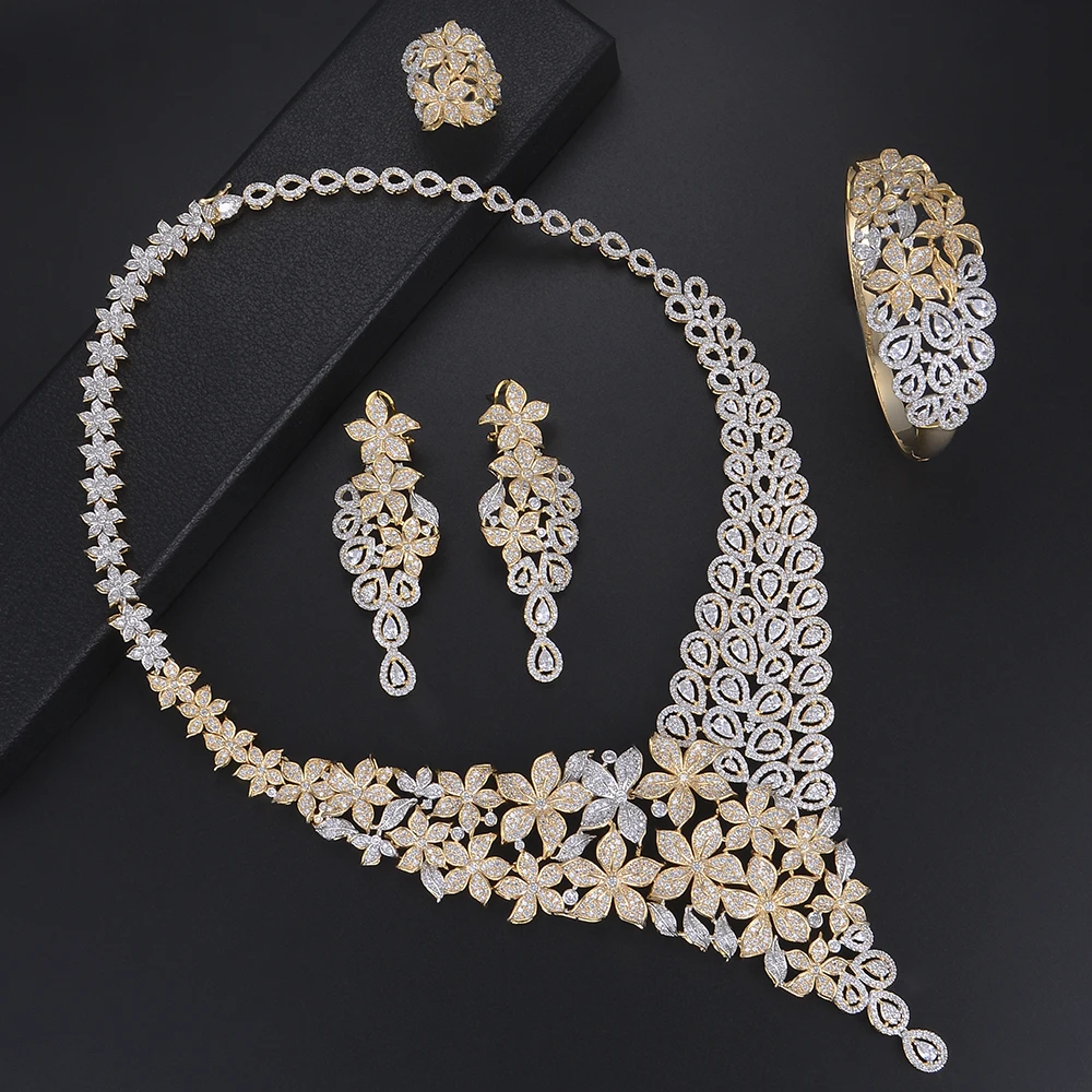 

LARRAURI 4PCS Deluxe Blossom Cubic Zirconia Big Statement Collar Necklace Earrings Bangle Resizable Ring Jewelry Sets For Women