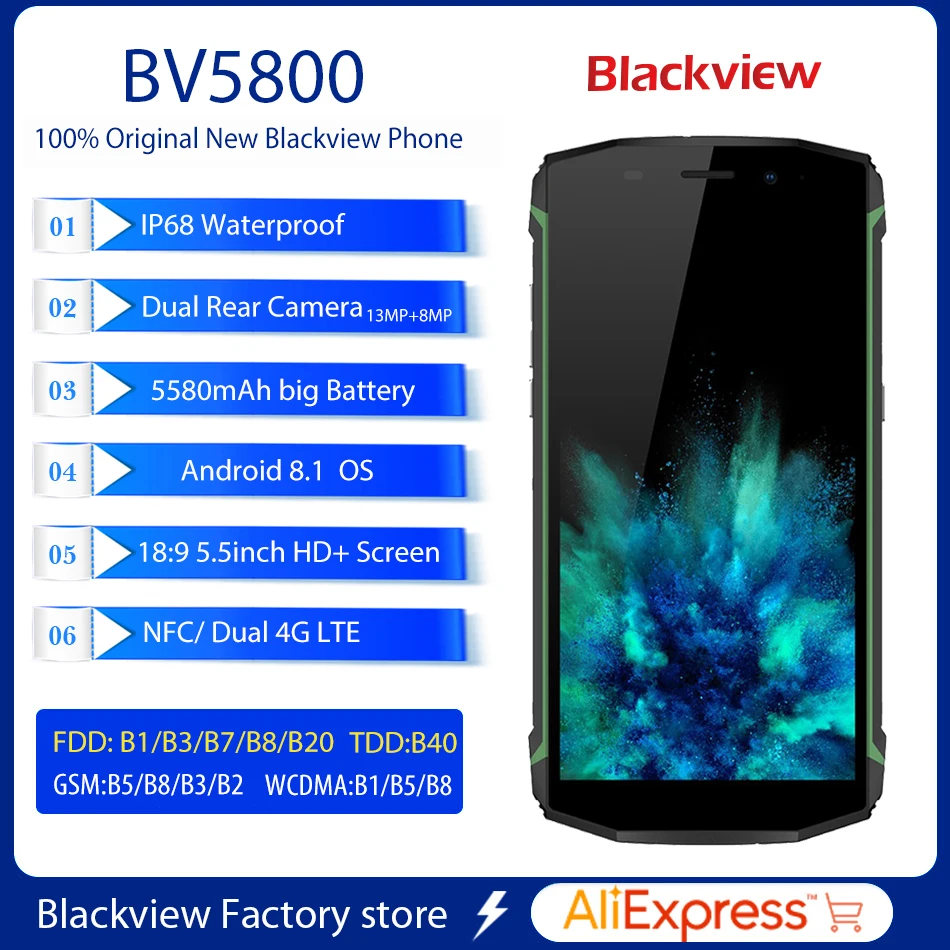Blackview BV5800 смартфон IP68 Водонепроницаемый 5 дюймов 18:9 HD + Android 8 1 мобильный телефон