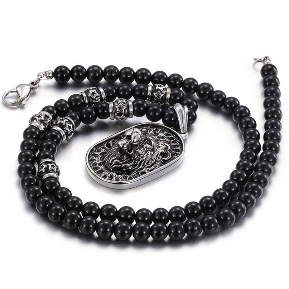 

Black Color Glass Bead 71CM Long Biker Necklace Men Punk Rock Vintage Stainless Steel Lion Head Choker Necklaces Pendants Women