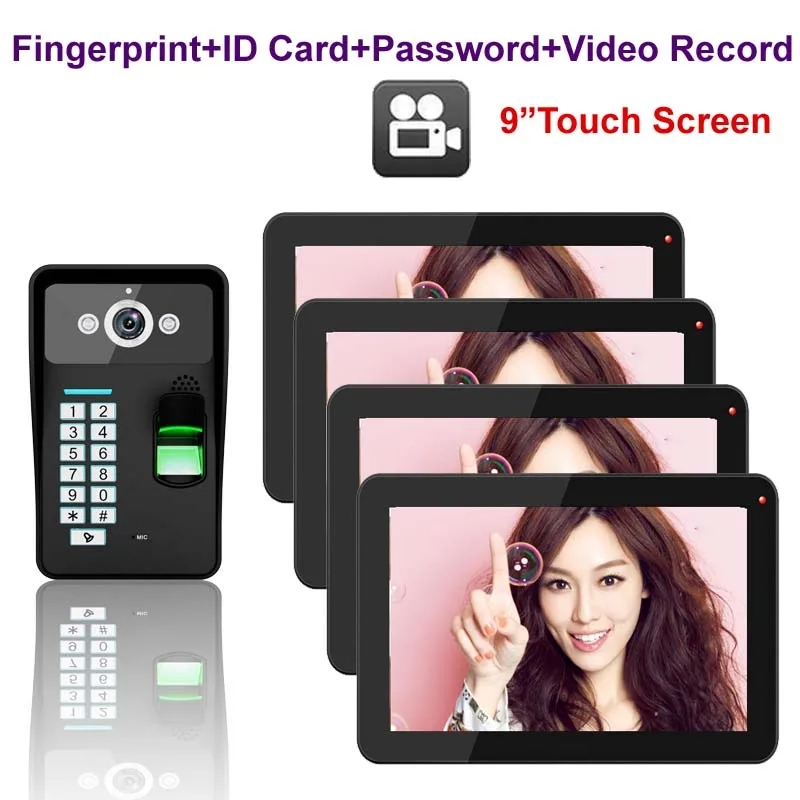 

Security intercom 9" Touch Key Video Door Phone with Video Recording,1000TVL Outdoor Camera Fingerprint FRID Panel