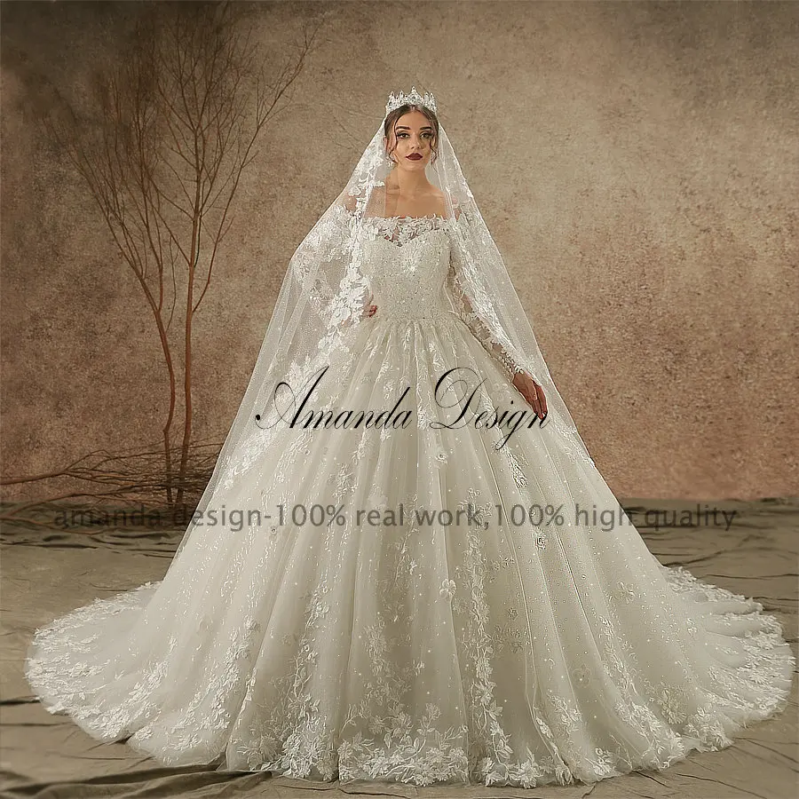 Аманда дизайн matrimonio с открытыми плечами кружева аппликация пышные блестящие свадебное платье с длинным рукавом