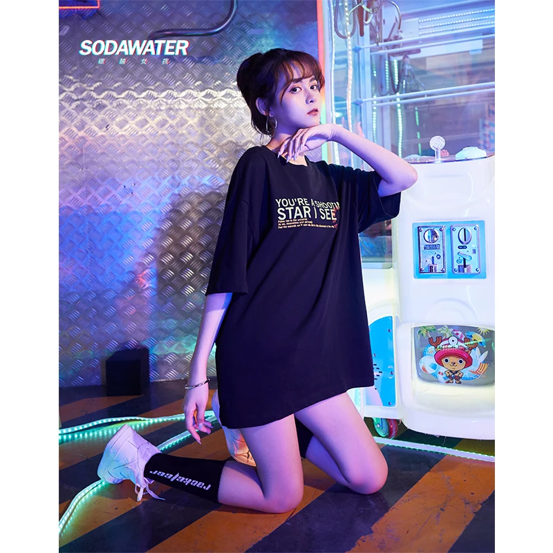 SODAWATER/футболка для девочек с буквенным принтом Harajuku хлопковая футболка короткими
