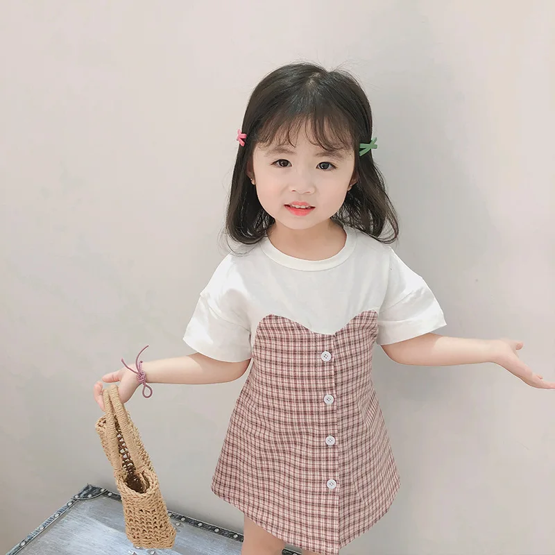 Летнее Хлопковое платье-мини в клетку с коротким рукавом Корейском стиле