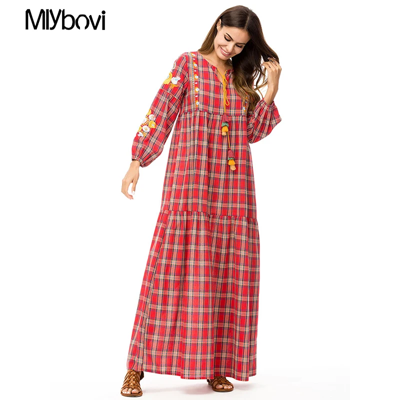 Женское красное Плед мусульманского платья 2018 Ретро Дубай Abaya мусульманские