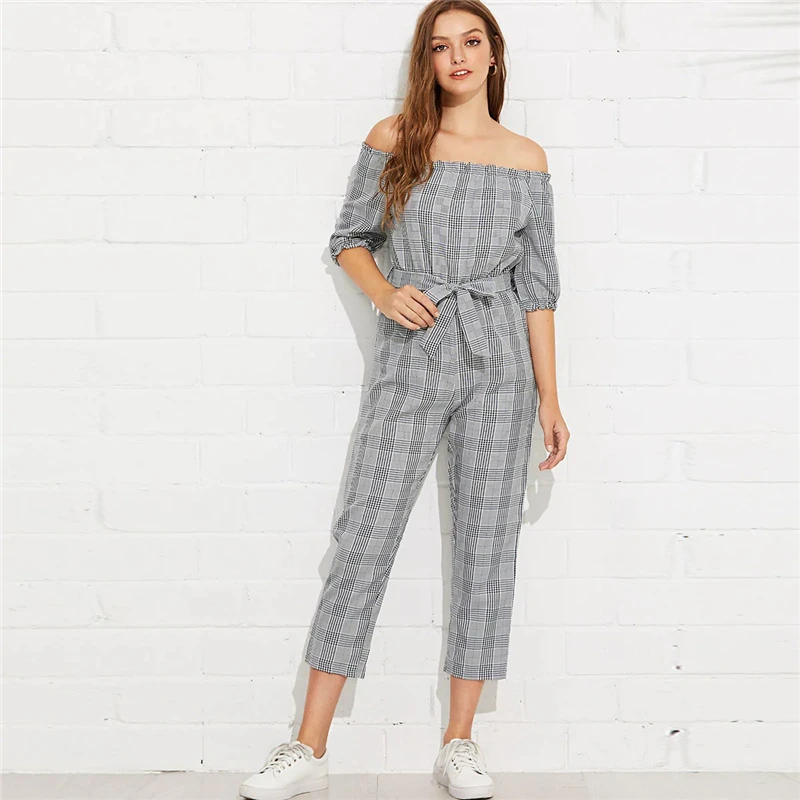 Dotfashion серые клетчатые комбинезоны с открытыми плечами и завязками на талии для женщин элегантные комбинезоны весенний комбинезон с завышенной талией