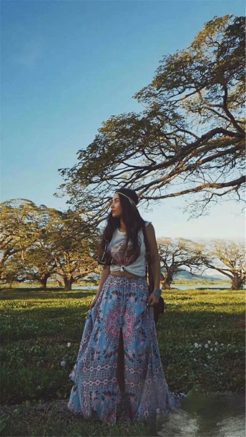 Boho chic women summer Hippie beach skirt Mesh stitching cute floral printed Bohemian long maxi skirt female oversize