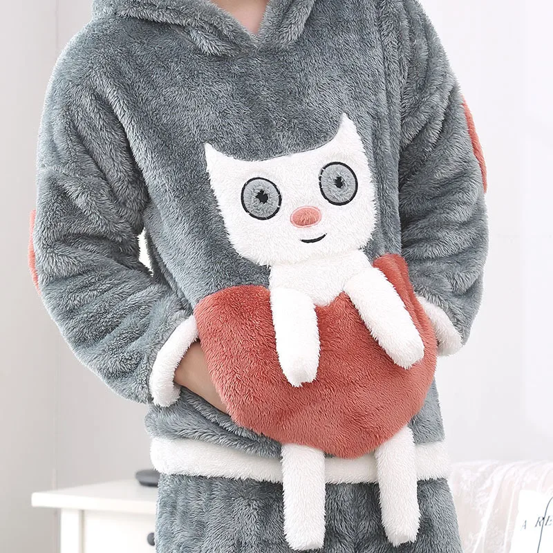 Пара пижам из кораллового флиса с длинным рукавом, зимняя фланелевая Теплая мужская пижама с кошкой, женские пижамные комплекты для сна и отдыха
