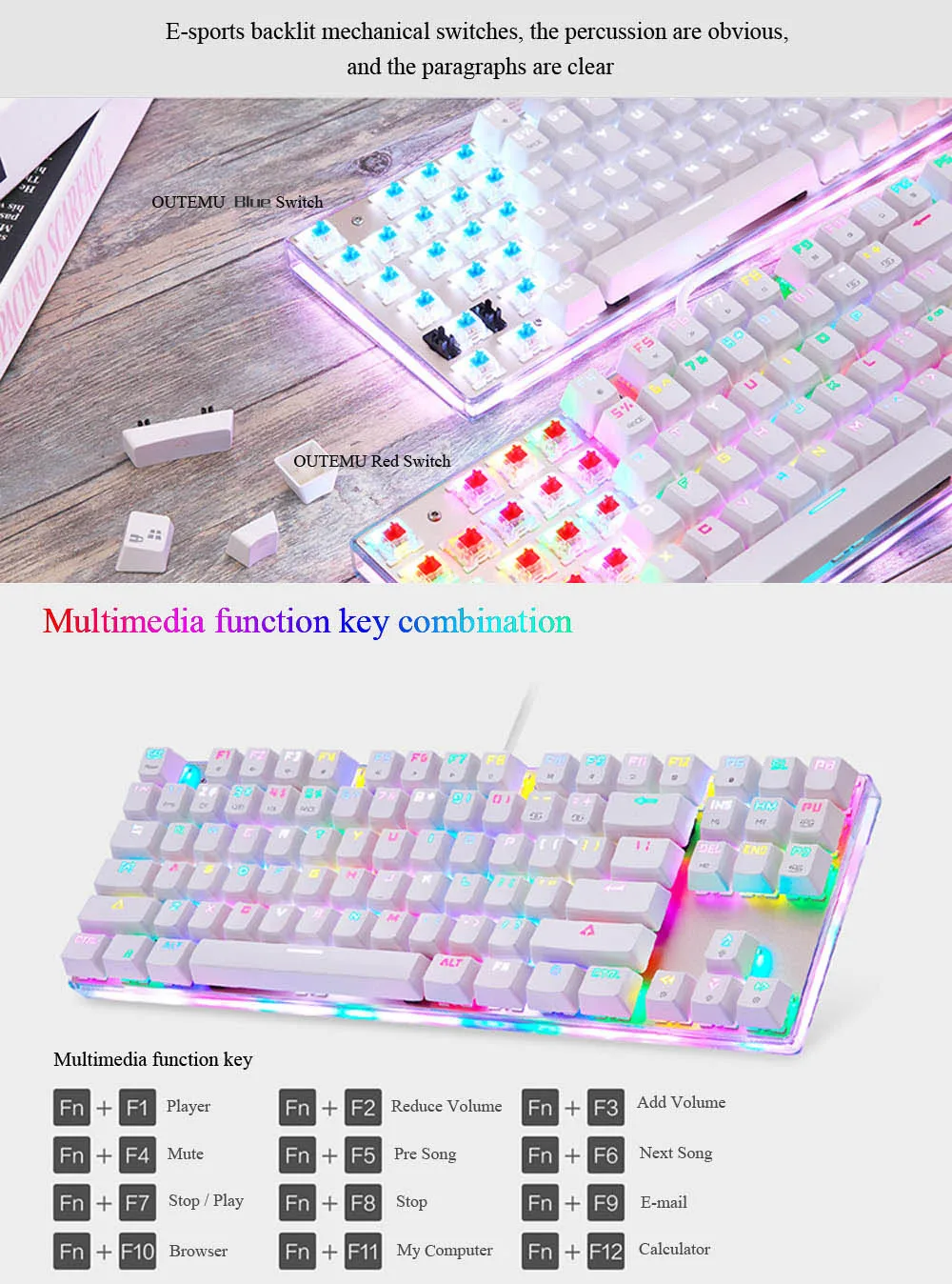 Motospeed K87S NKRO Механическая игровая клавиатура с RGB подсветкой белый синий и красный переключатель WithBox USB Проводная Нескользящая конструкция