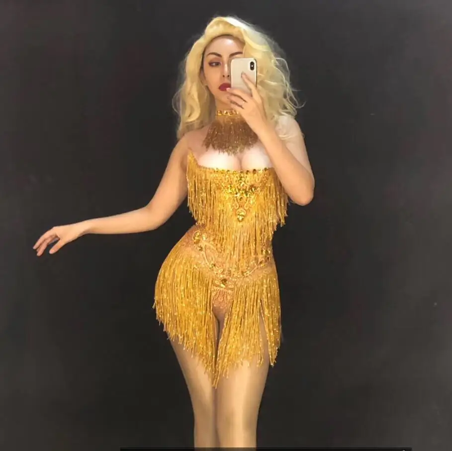 Women Nightclub Party Stretch Rhinestones Tassel Bodysuit Sexy Dance Fringes Leotard Performance Costume YOUDU | Женская одежда